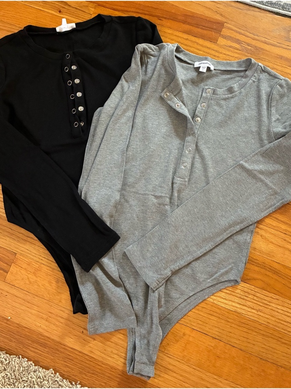 Long Sleeve Henley Bodysuits - Black & Heather Gray